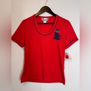 Picket N’post Vintage Cat Applique T Shirt deadstock NWT sz Large red blue 70s